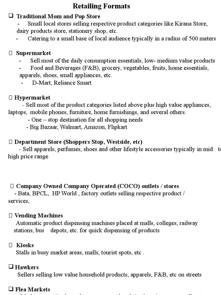 Types of Retail Formats PDF Retail Retailers
