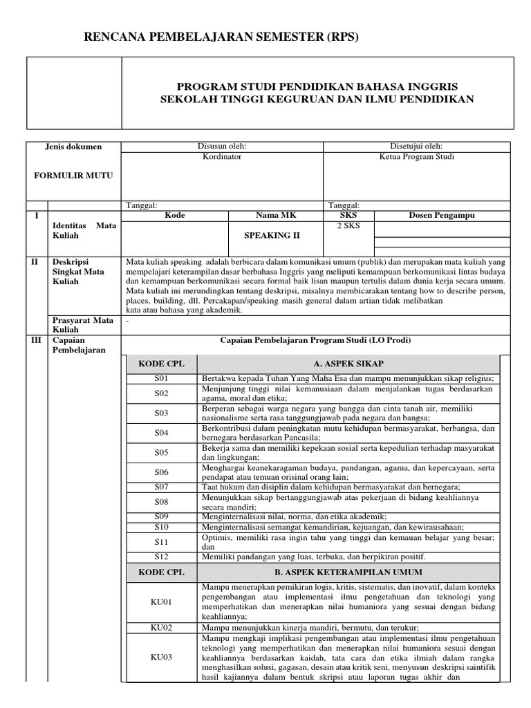 Contoh RPS Mata Kuliah Speaking II | PDF | Karier & Perkembangan | Seni ...
