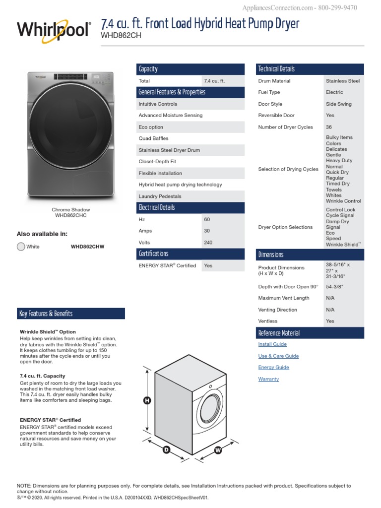 Whirlpool DLEX4000 Specification Sheet PDF Clothes Dryer