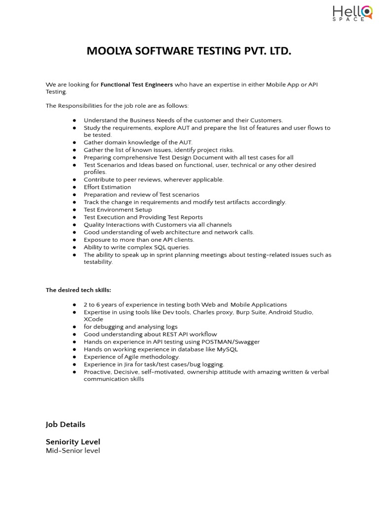 Moolya JD - Functional Test Engineer | PDF