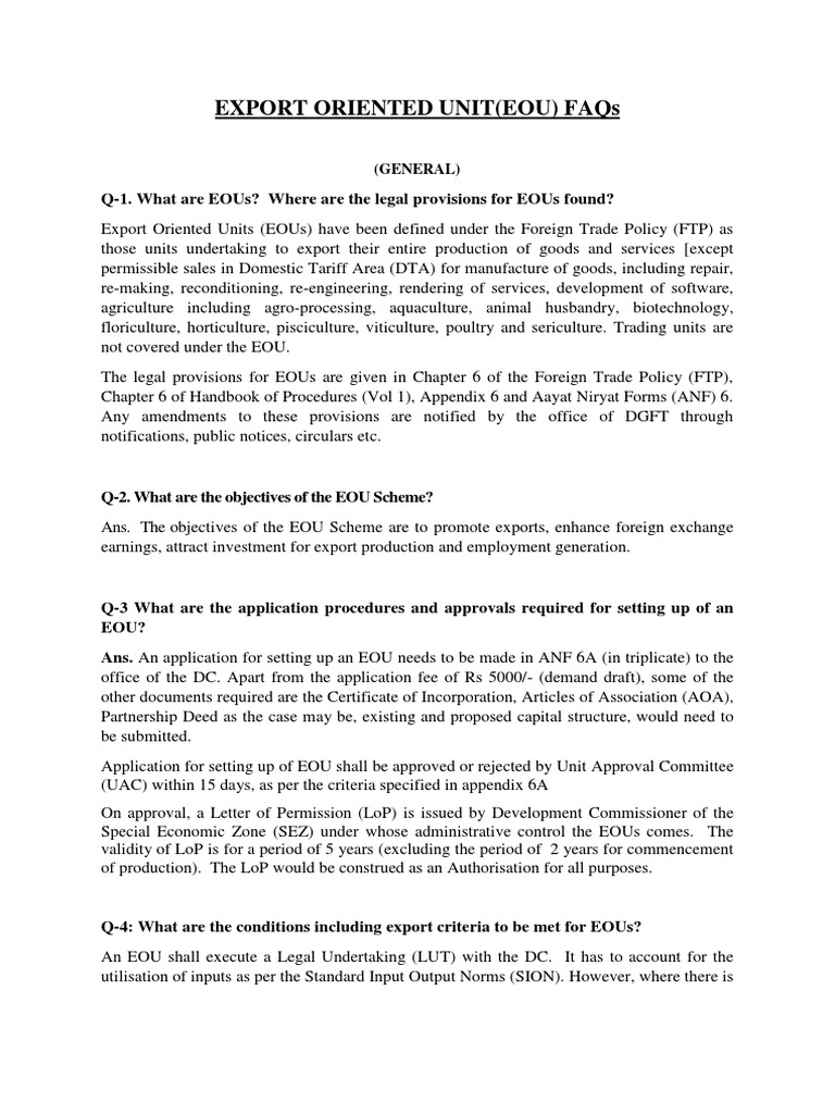 EOU FAQs | PDF | Customs | Taxes