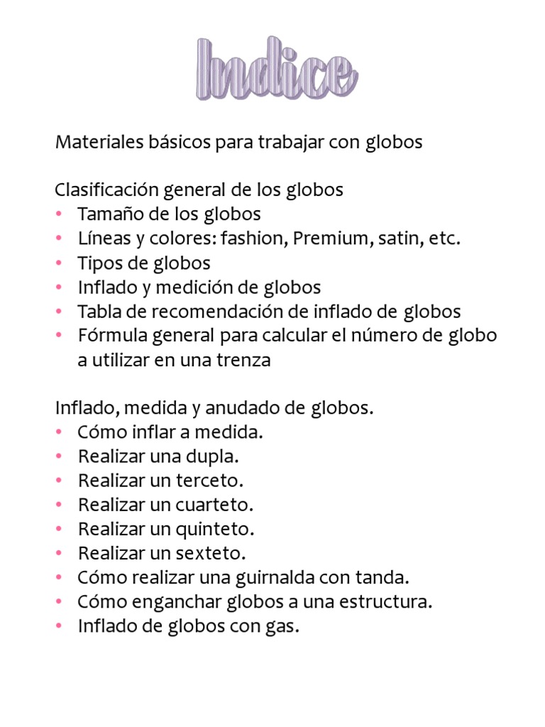 Tipos y medidas de globos para Globoflexia. 