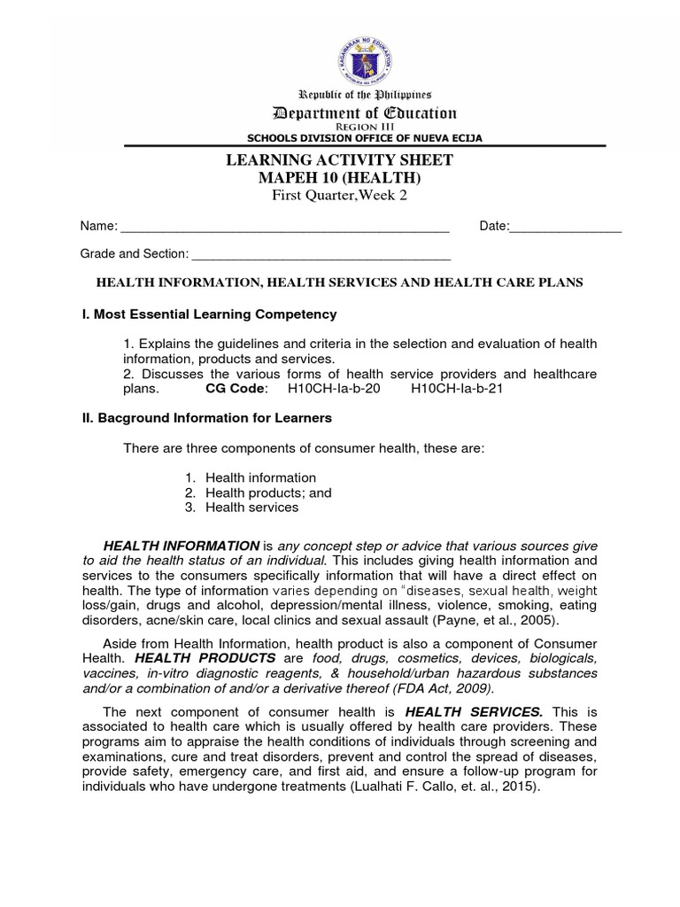 Health10 Q1 Las Wk2 Health Information Health Services And