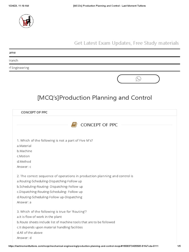 (MCQ'S) Production Planning and Control PDF Systems Science