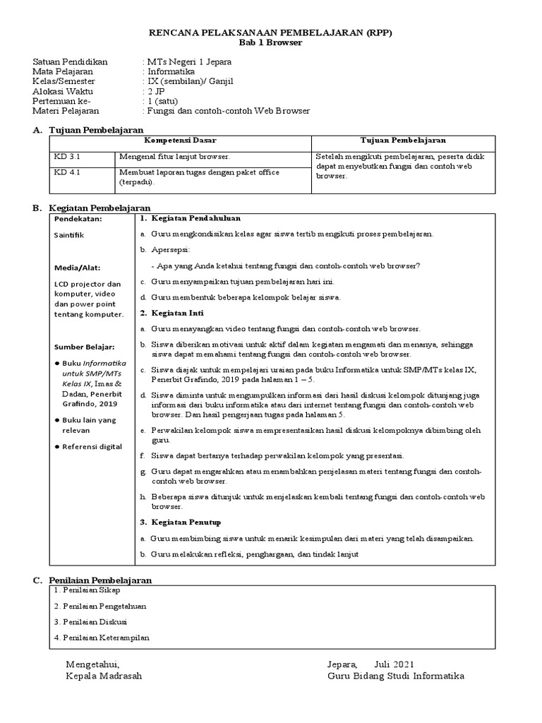 RPP Informatika Kelas 9 Semester 1 | PDF | Seni | Komputer