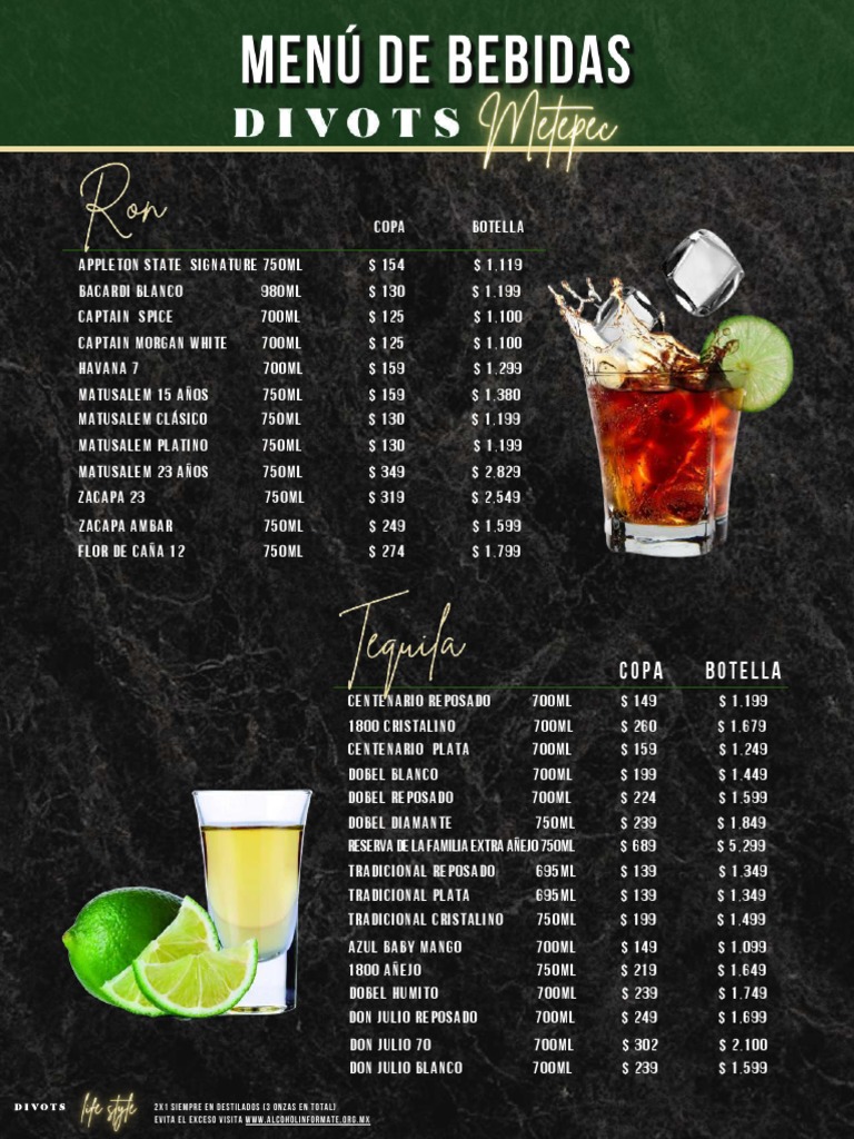 Menú de Bebidas y Licores en Divots | PDF | Bebida | Bebidas Destiladas