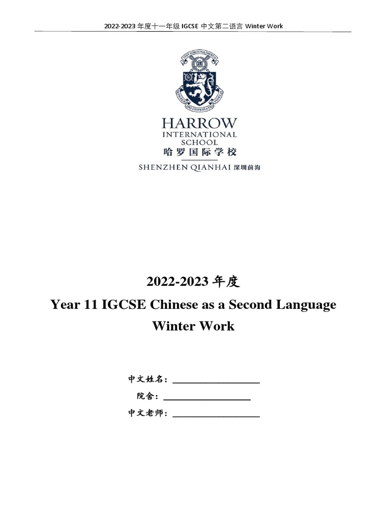 Y11 Chinese As A Second Language Winter Work | PDF