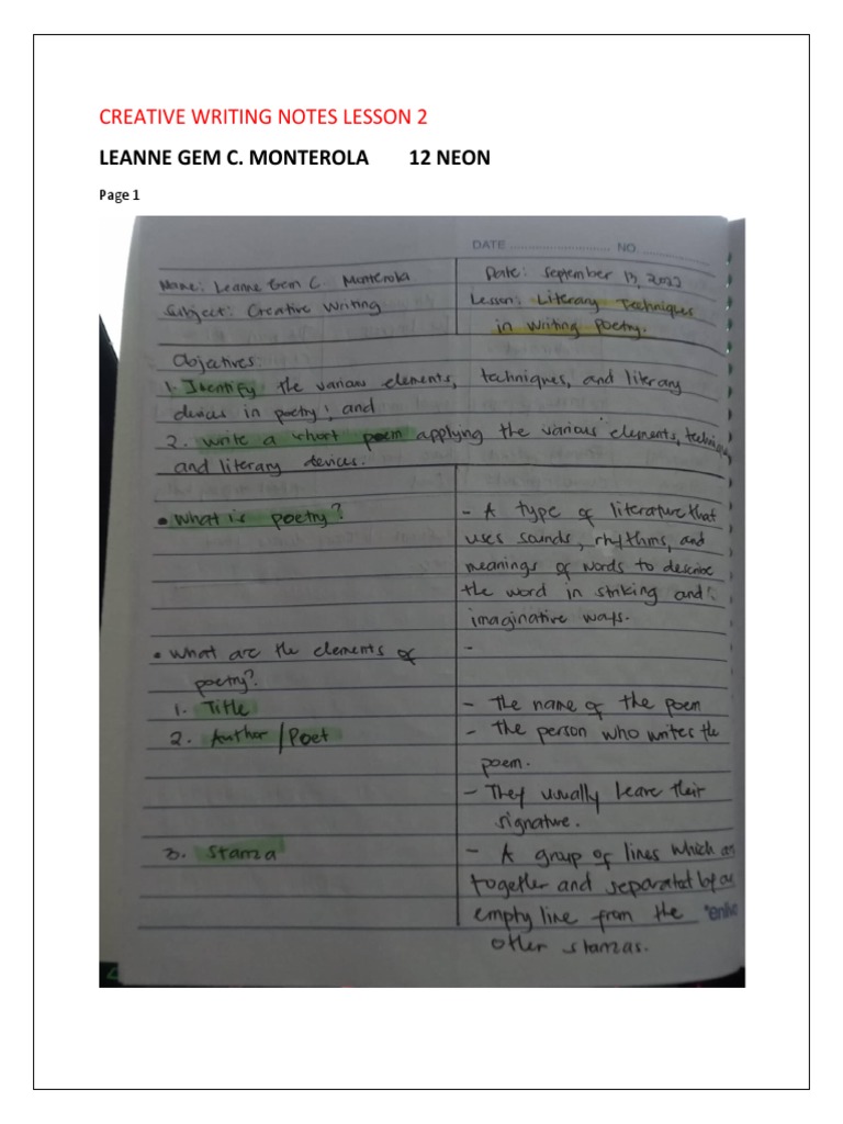 grade 12 creative writing notes