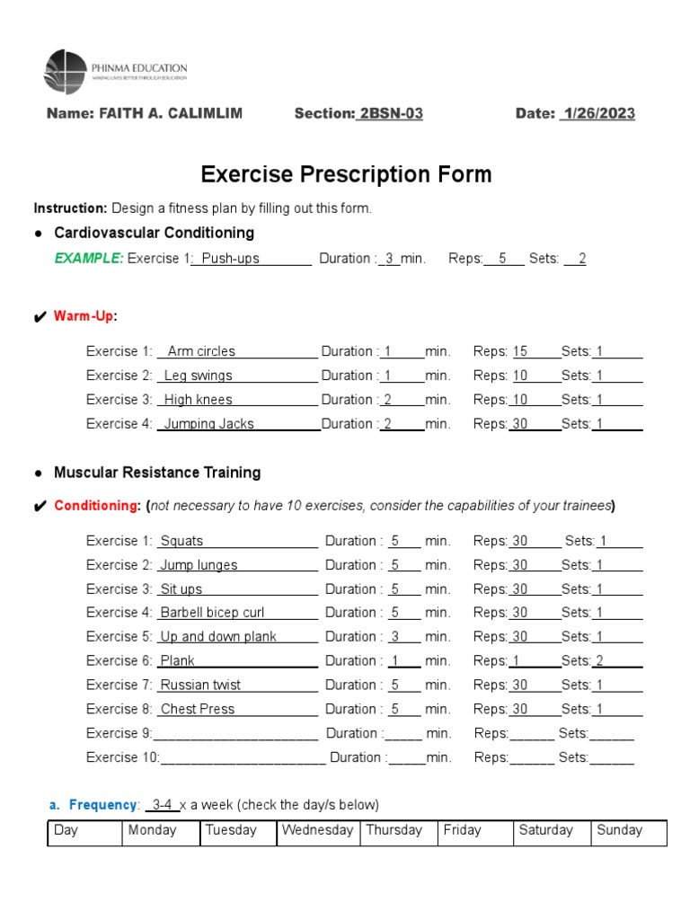 Exercise Prescription PDF Weight Training Hobbies
