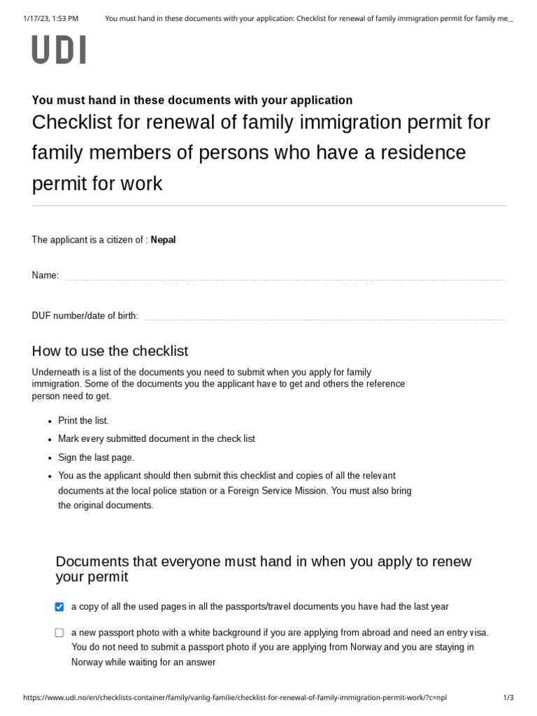 Checklist for renewal of family immigration permit for family members