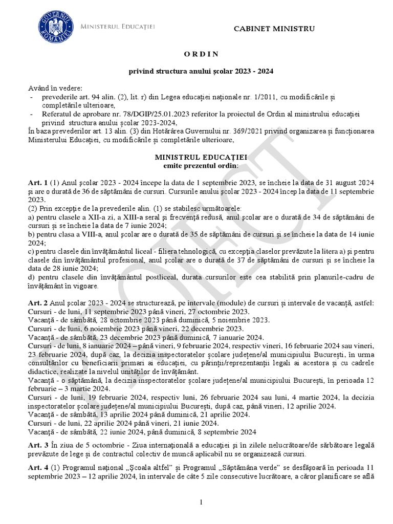 Proiect Ordin Structura An Scolar 2023 2024 | PDF