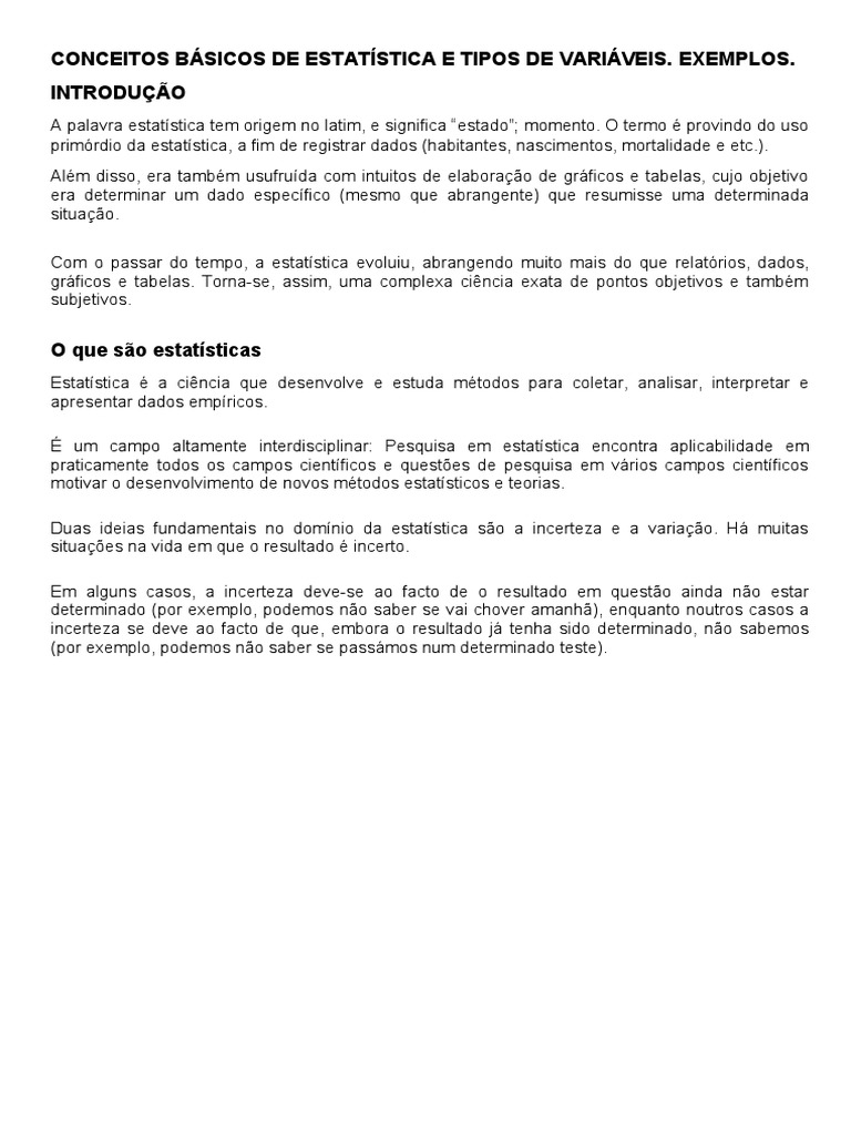 CONCEITOS BÁSICOS DE ESTATÍSTICA E TIPOS DE VARIÁVEIS | PDF | Science ...