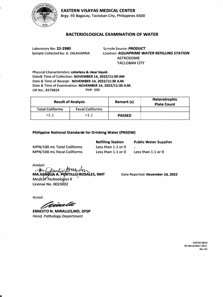 Water Test Report: Aquaprime Station | PDF