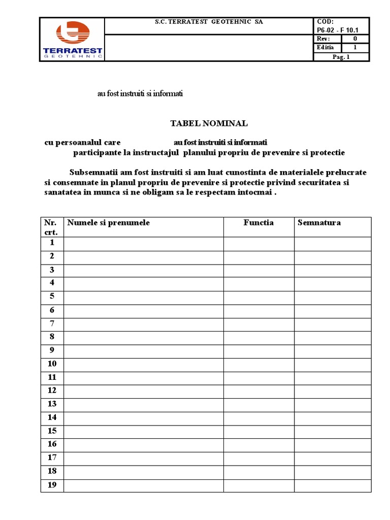 Tabel Instruire Plan Prevenire | PDF