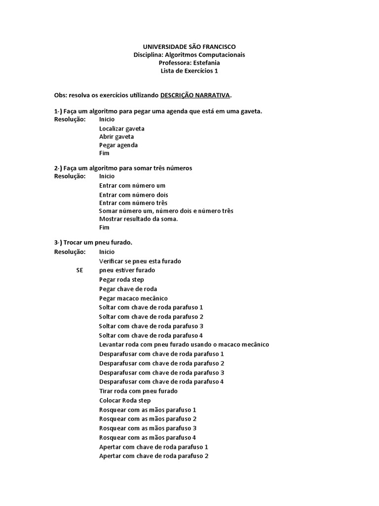 Lista de Exercícios 1 - Descrição Narrativa | PDF | Liquidificador |  Algoritmos, image size:768x1024