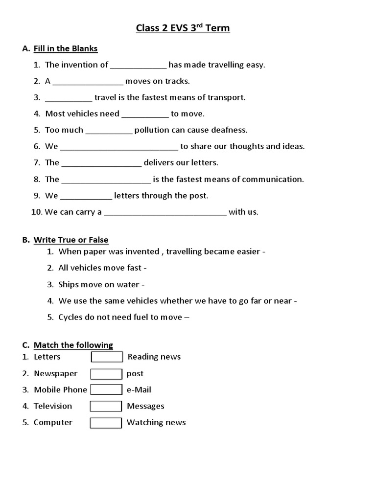 Class 2 EVS 3rd Term Worksheet | PDF
