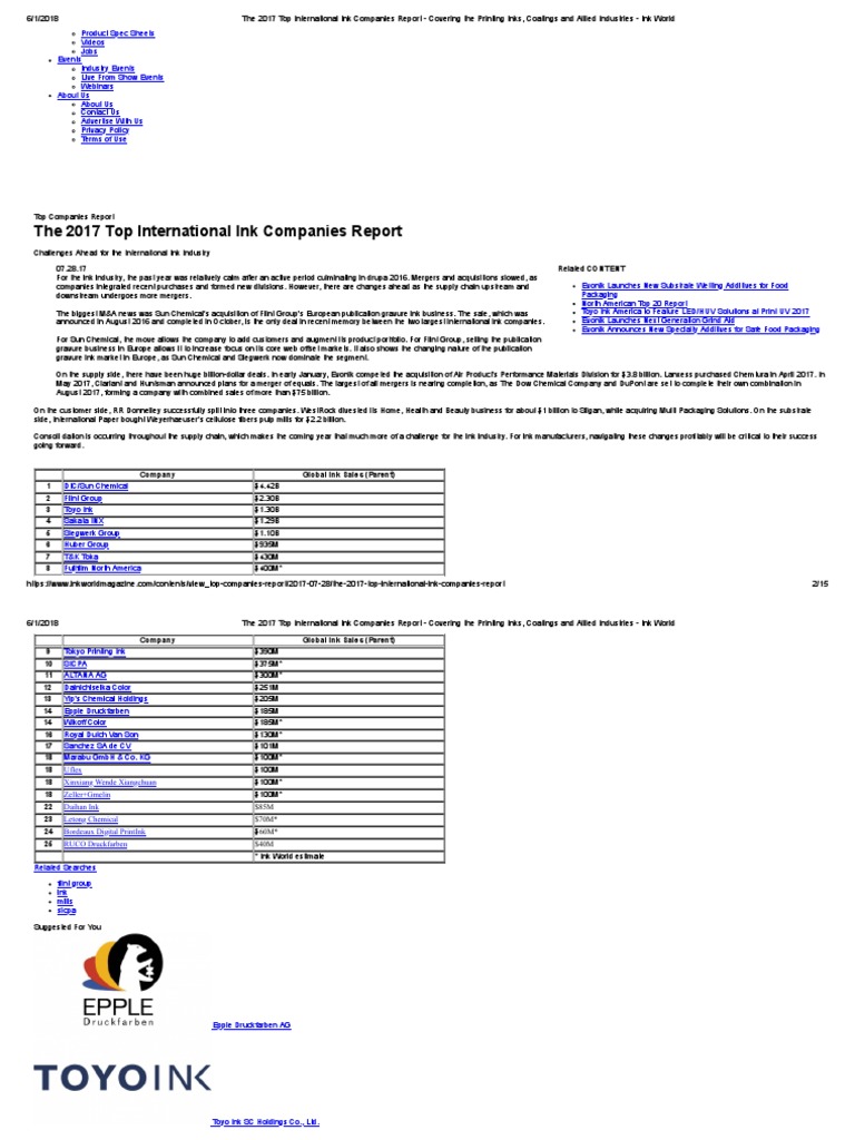 The 2017 Top International Ink Companies PDF Companies Printing