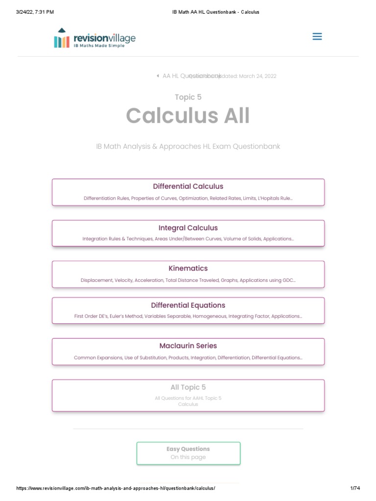 AA HL - Questionbank - Calculus - Easy | PDF | Differential Equations ...