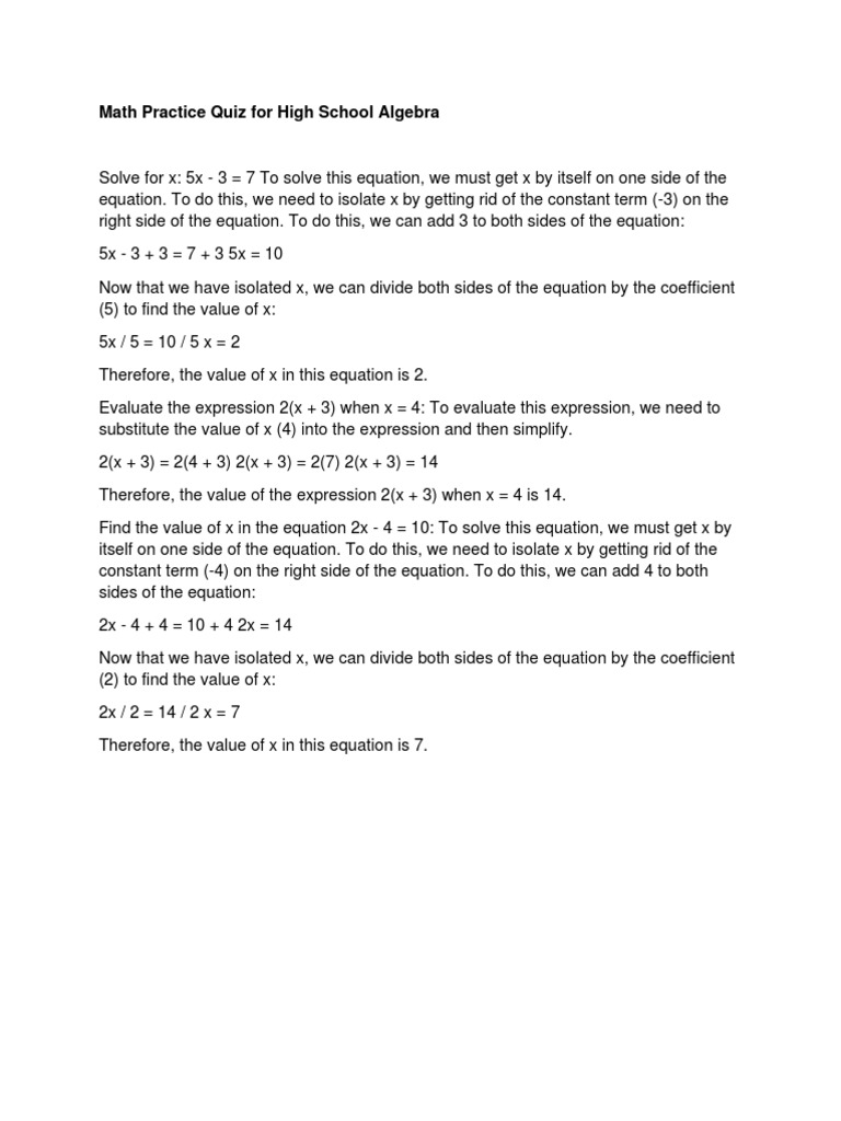 High School Algebra Practice Quiz | PDF | Teaching Methods & Materials
