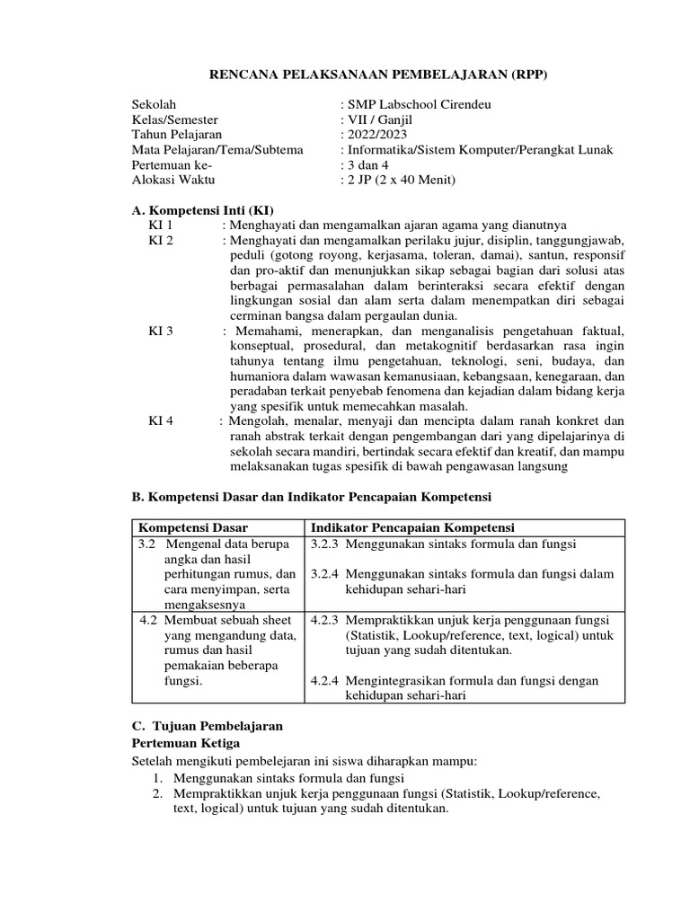 RPP Informatika Kelas VII: Excel & Fungsi | PDF | Karier & Perkembangan ...