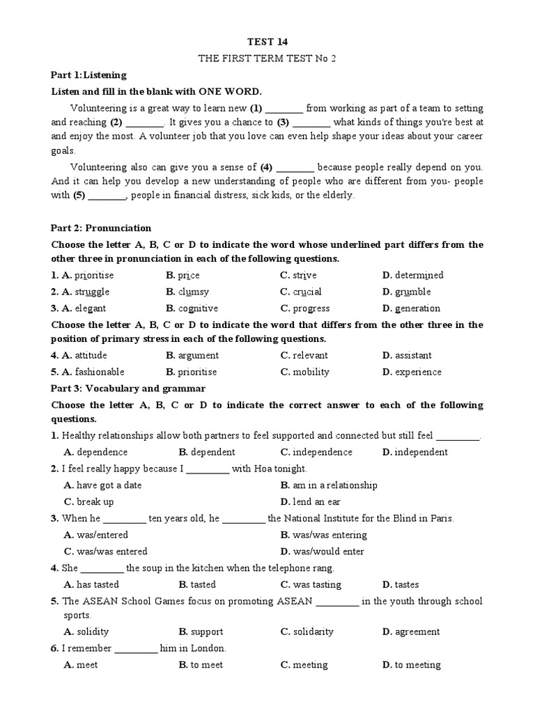 TEST 14 - THE FIRST TERM TEST No 2 | PDF | Family | Single Parent