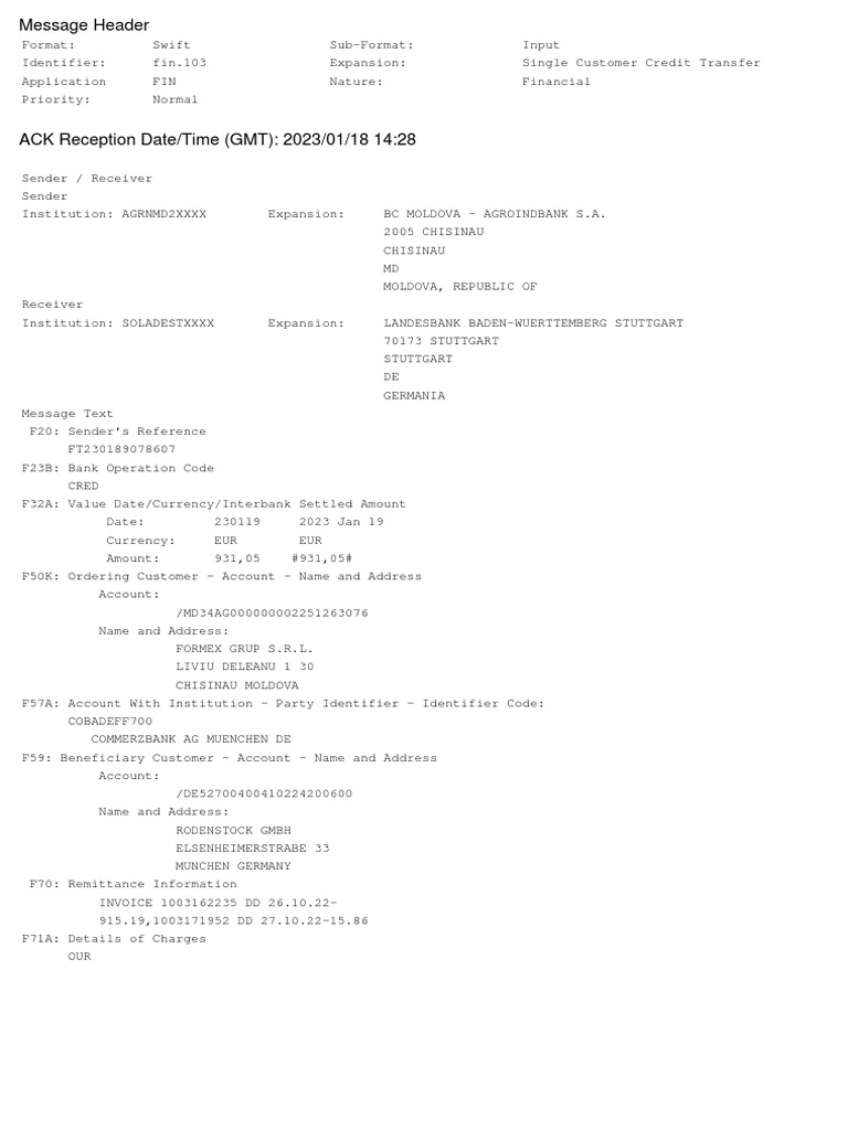 Swift FIN.103 Credit Transfer Details | PDF