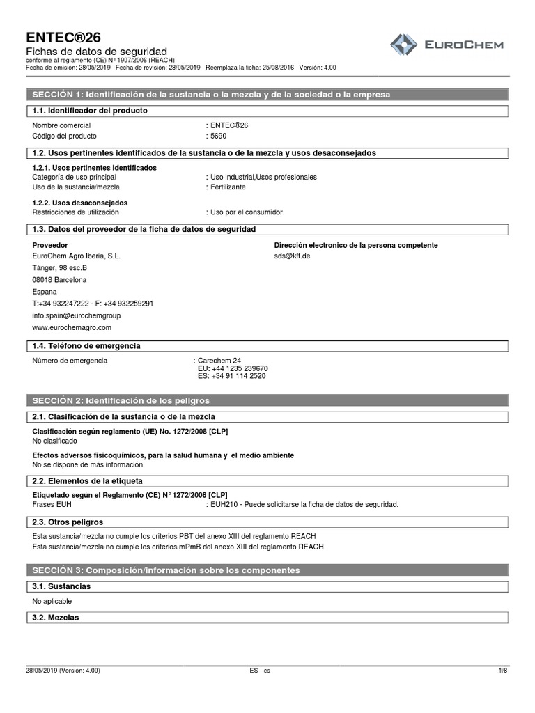 Entec Hoja de Seguridad | PDF | Química | Materiales