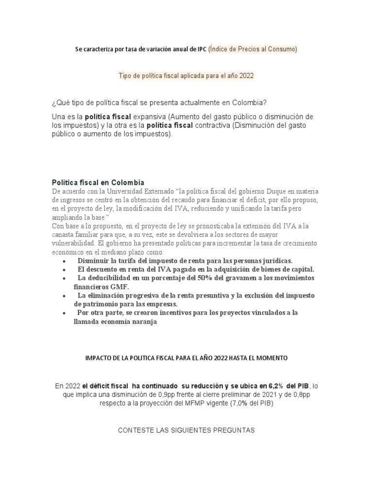 Política Fiscal en Colombia 2022-2023 | PDF | La política fiscal ...