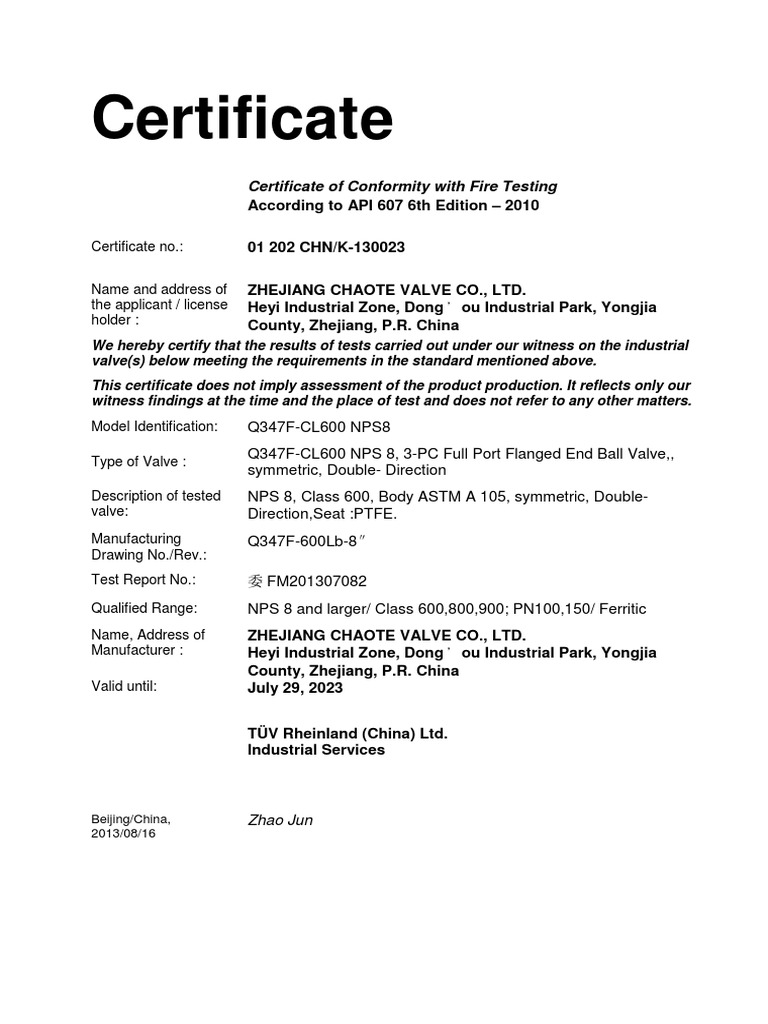 API 607 Fire Safety Certification | PDF | Valve | Mechanical Engineering