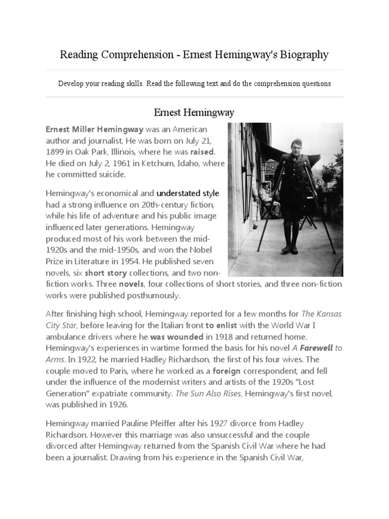 Hemingway Biography and Comprehension | PDF | Ernest Hemingway