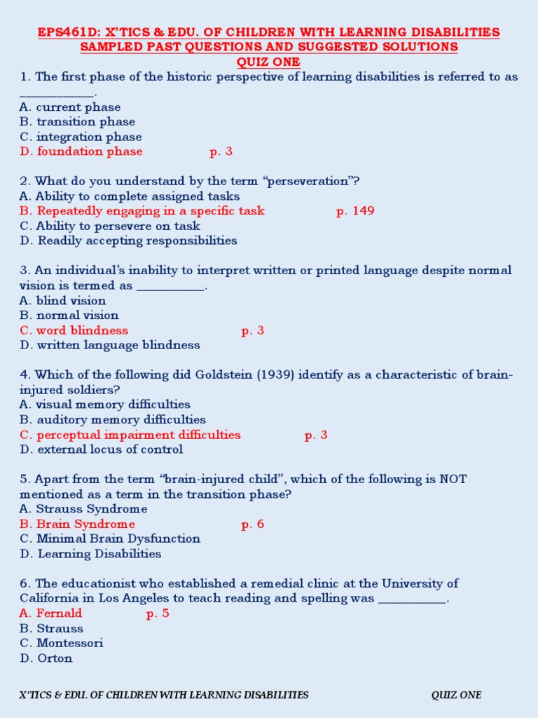 QUIZ ONE Learning Disabilities PDF Learning Disability Disability