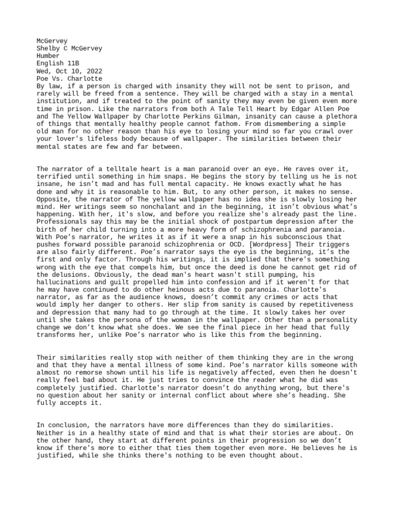 Poe vs. Charlotte Essay McGervey PDF The Yellow Wallpaper Paranoia