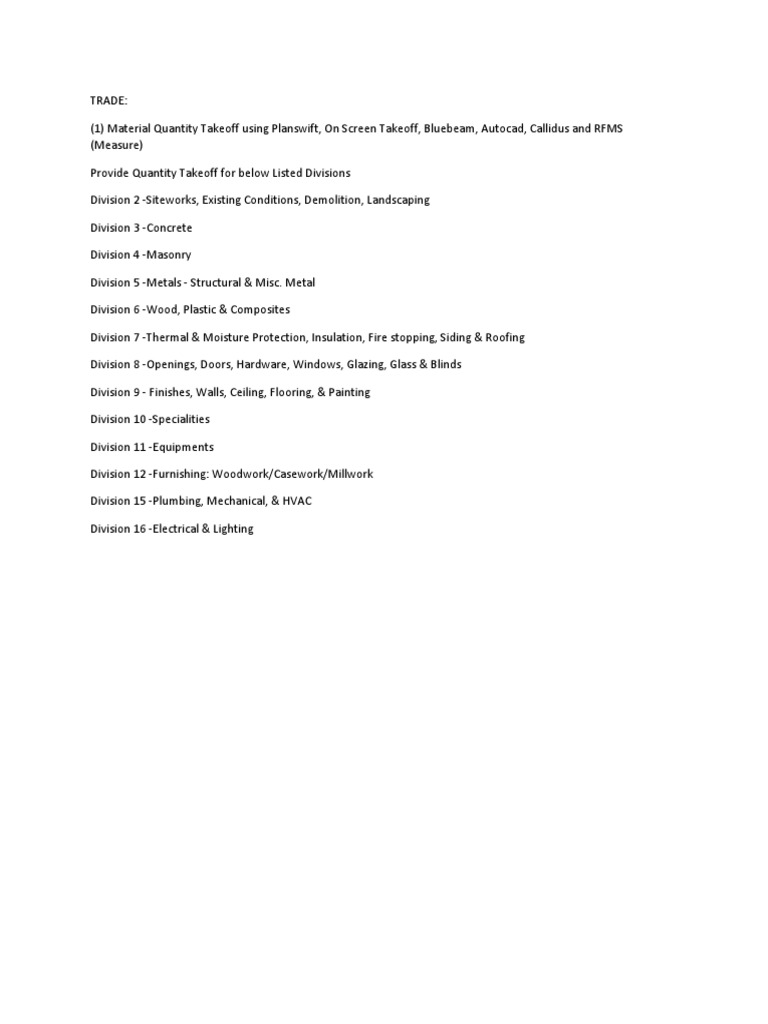 CSI Divisions for Construction Takeoff | PDF