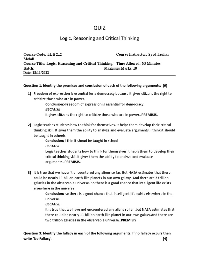 Quiz Logic, Reasoning and Critical Thinking PDF Argument Logic