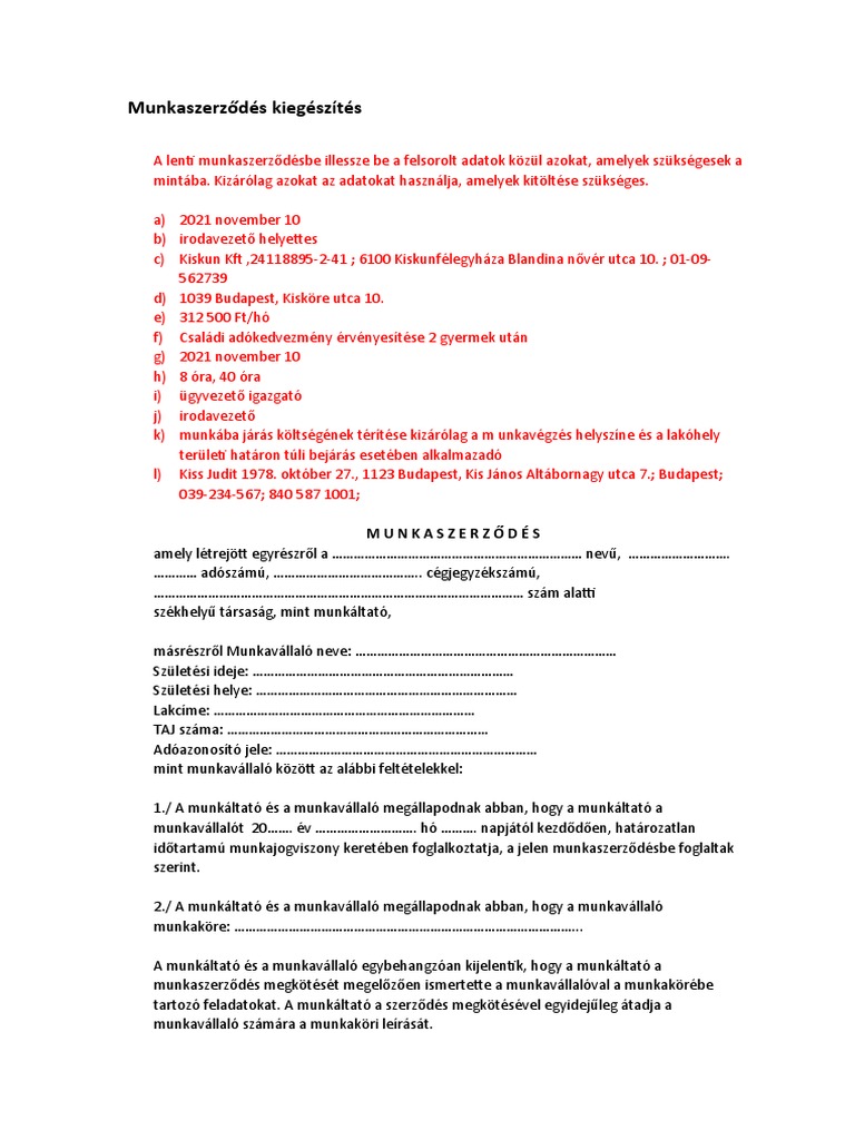 Munkaszerzodes Kiegeszites Feladat | PDF