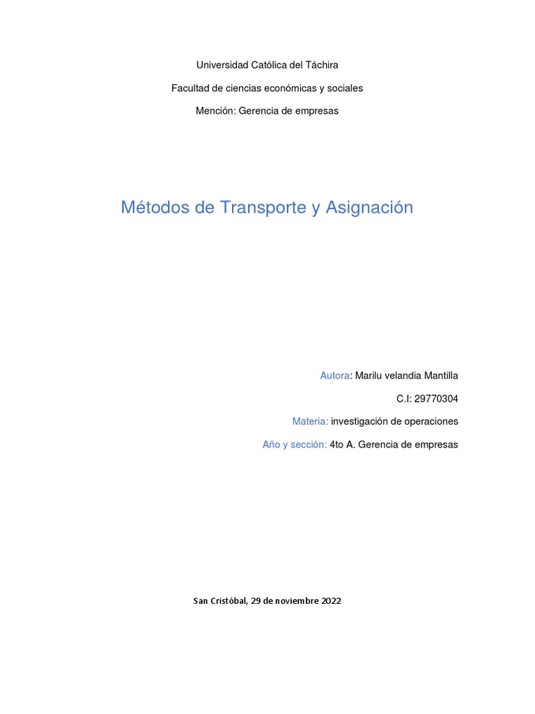 Métodos de Transporte en Investigación de Operaciones | PDF | Análisis ...