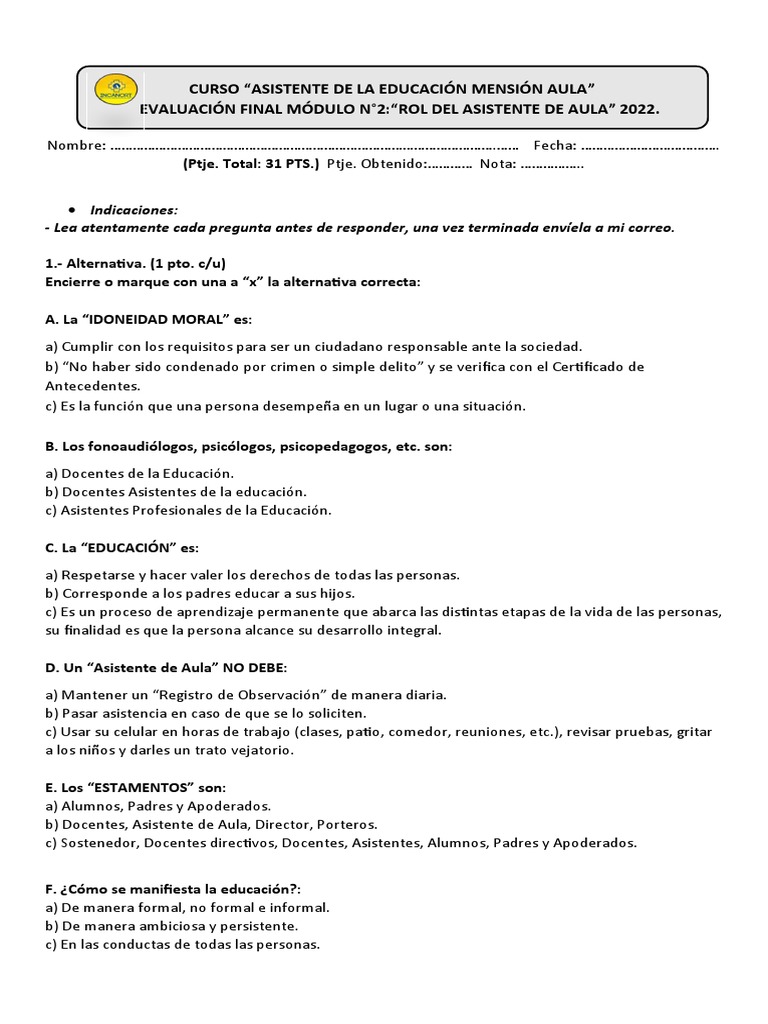EVALUACIÃ - N ROL DEL ASISTENTE DE AULA Diciembre 2022 | PDF | Método ...