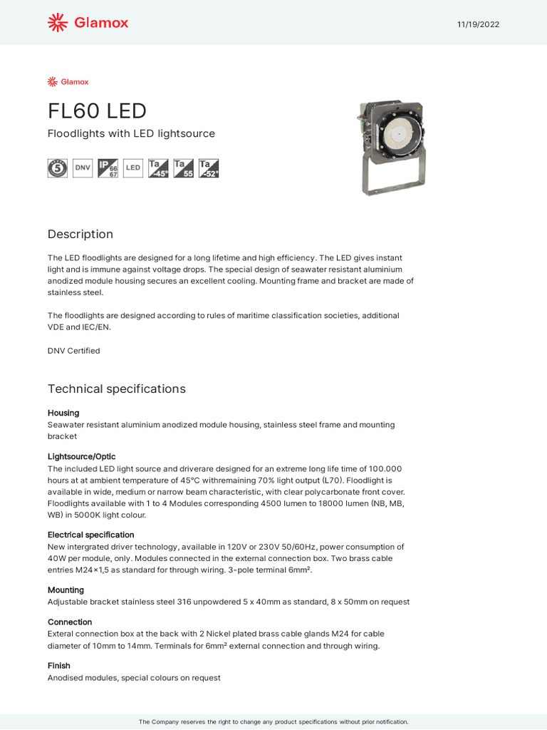 Technical Specifications and Descriptions of an LED Floodlight for Marine Applications PDF