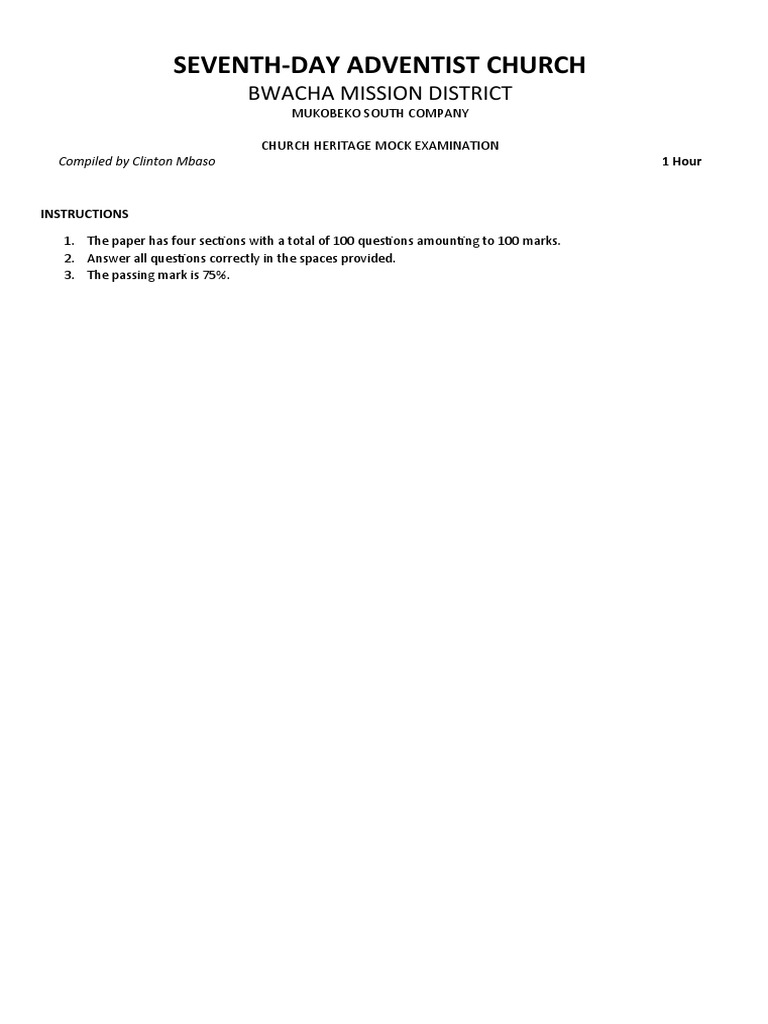 SDA Church Heritage Mock Exam | PDF | Christian Movements | Protestant ...