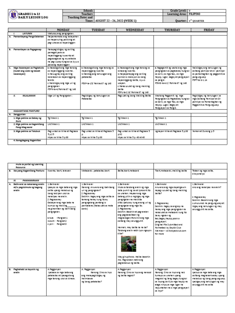 Grade 5 DLL FILIPINO 5 Q1 Week 1 | PDF