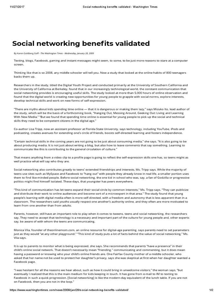 Social Networking Benefits Validated Washington Times PDF Social