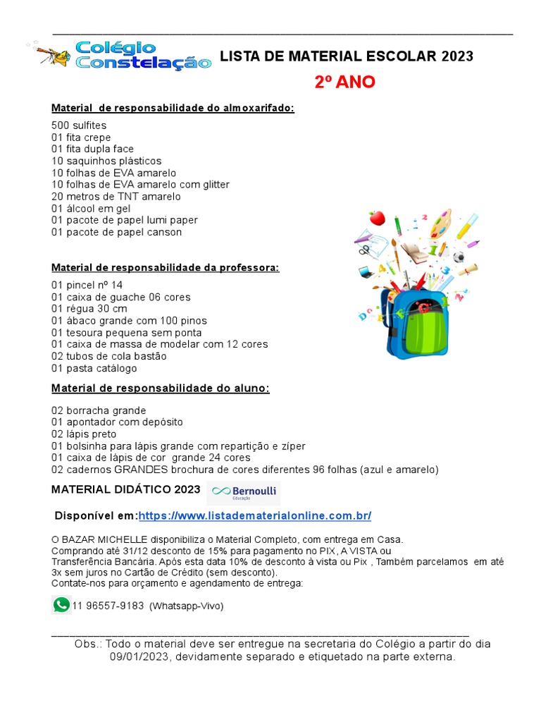 Lista de Material Escolar 2º Ano 2023 | PDF | Carreira e Crescimento | Arte