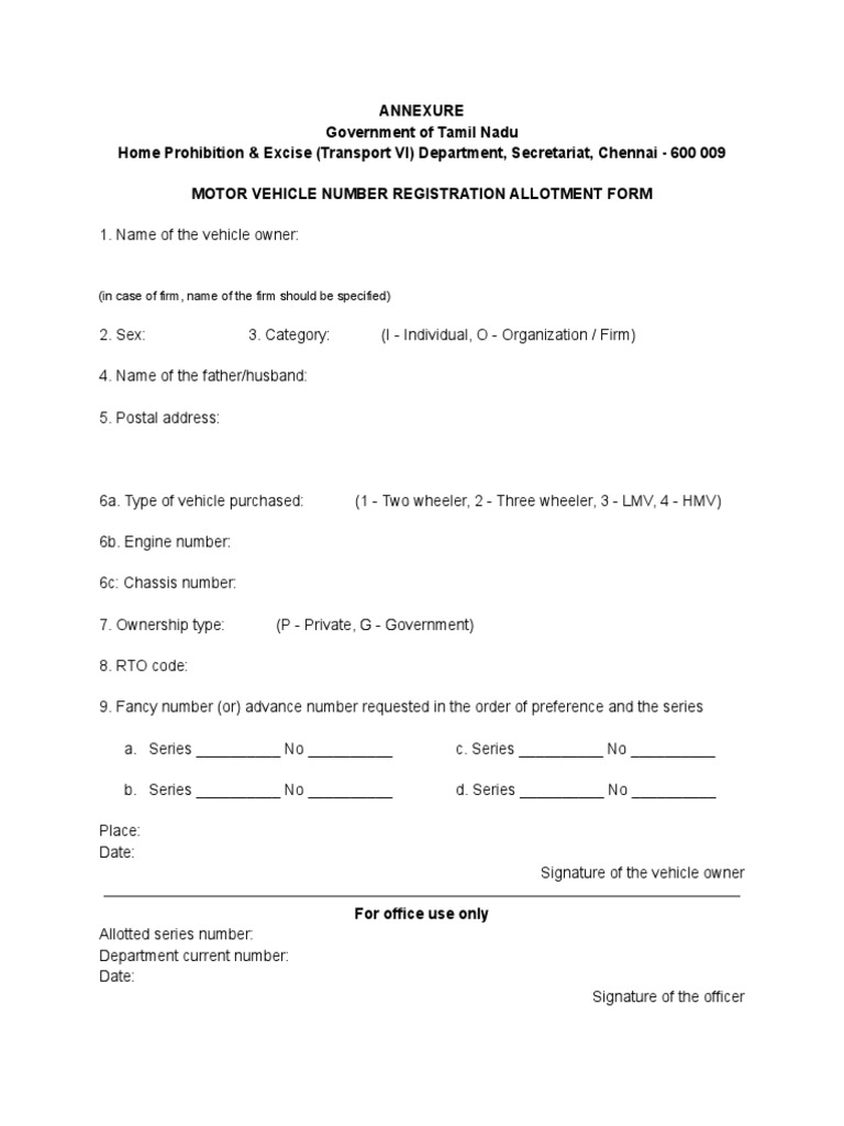 Motor Vehicle Number Registration Allotment Form PDF