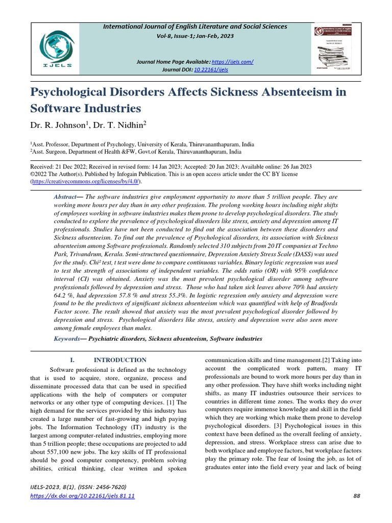 Psychological Disorders Affects Sickness Absenteeism in Software ...