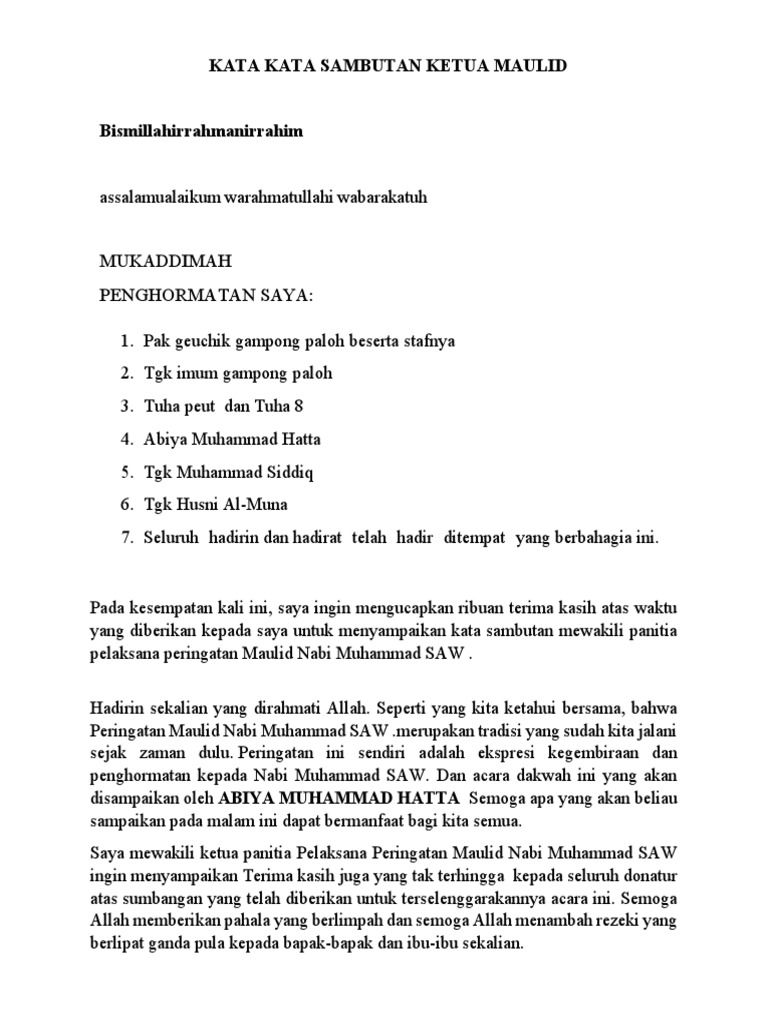 Kata Kata Sambutan Ketua Maulid | PDF