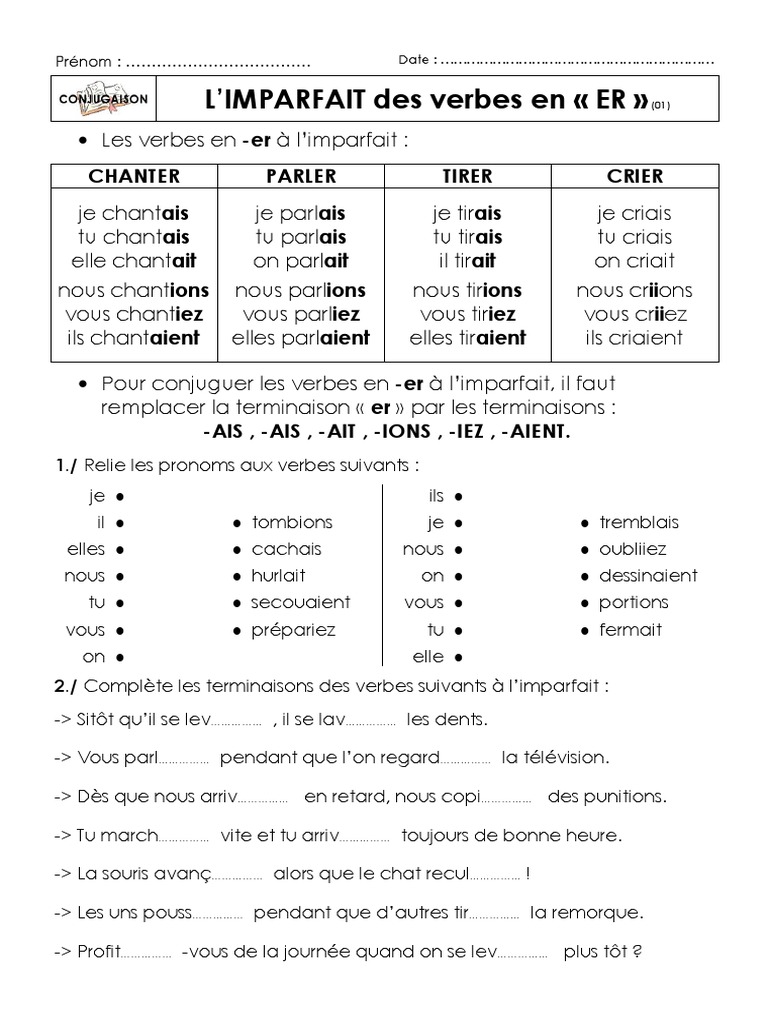 Conjugaison des verbes en ER à l'imparfait | PDF | Arts du langage et ...