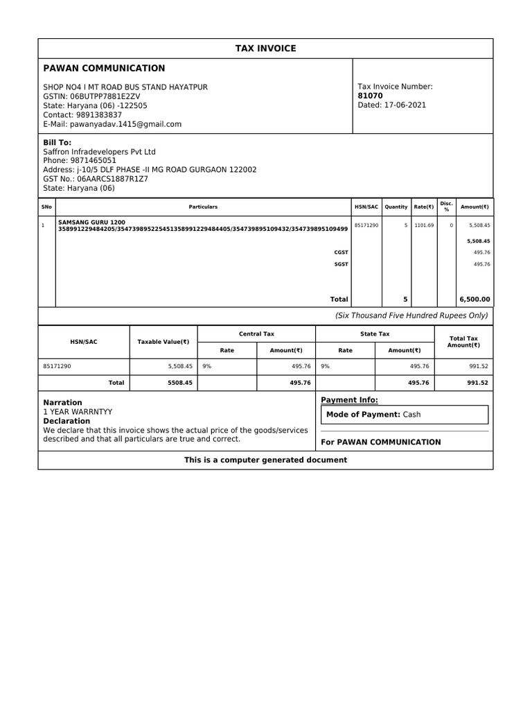 Sale of Samsung Mobile Phones Tax Invoice Detailing the Purchase of 5