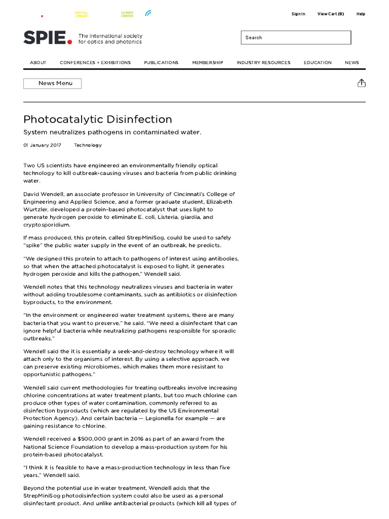 Photocatalytic Disinfection PDF Disinfectant Bacteria