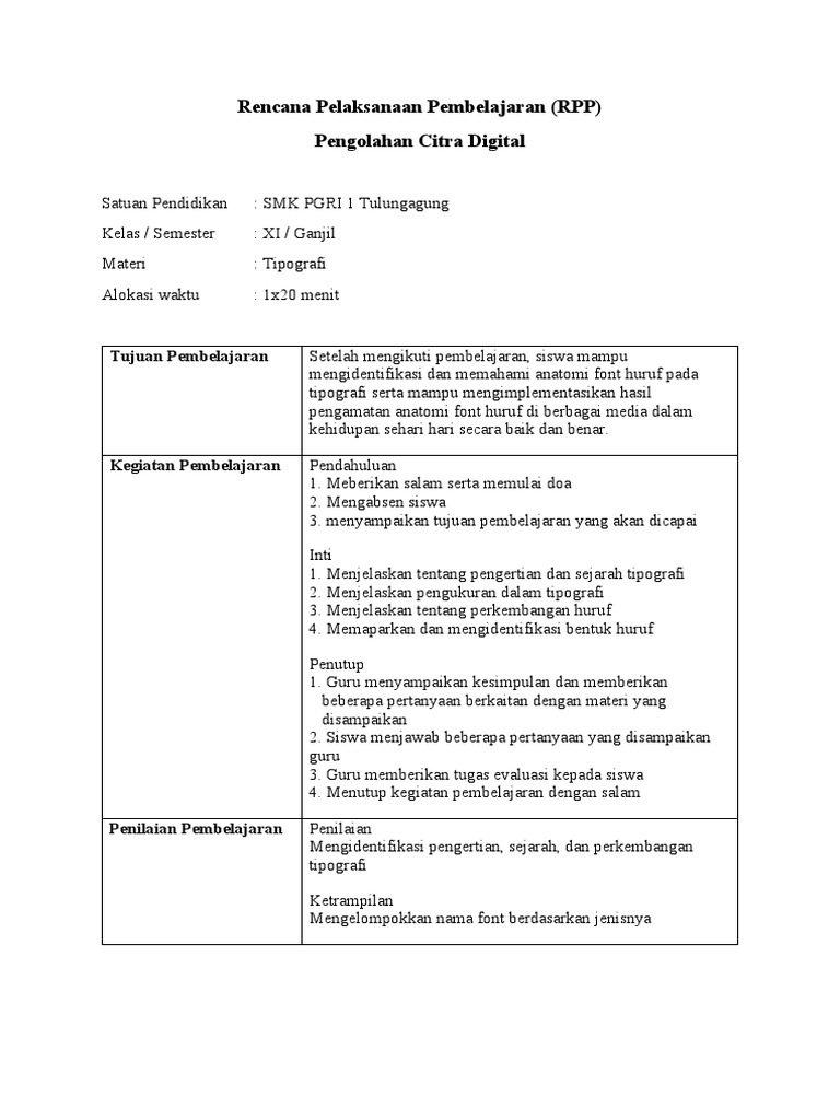 RPP Tipografi untuk SMK Kelas XI | PDF