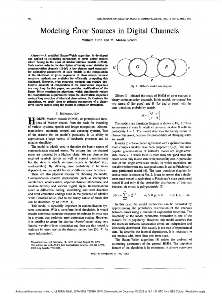 Modeling Error Sources in Digital Channels PDF Markov Chain